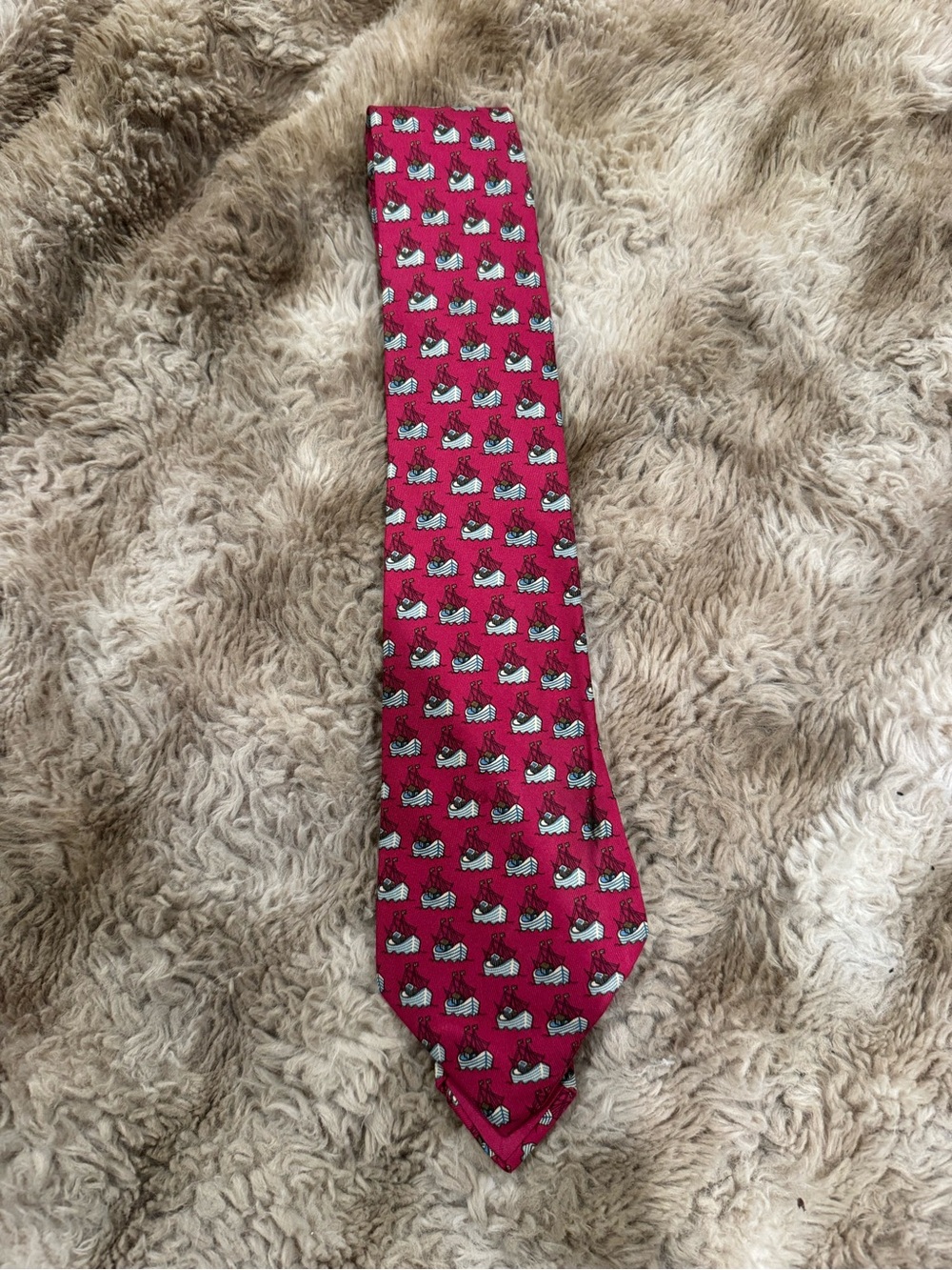 HERMES PARIS TIE Silk Cranberry Red Fishing Trawler Boat Ship Sea
